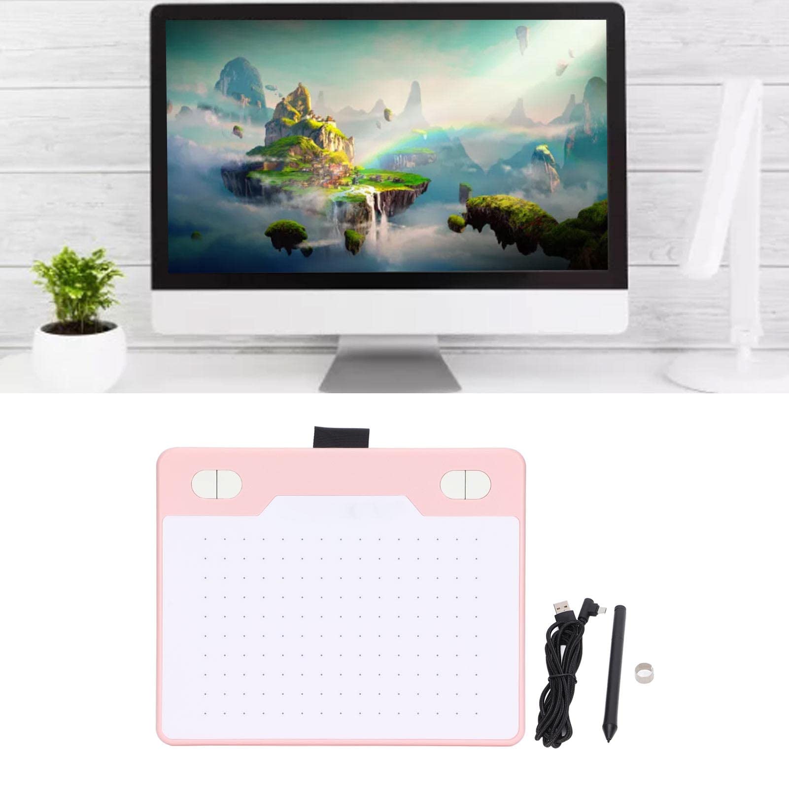 Tableta Gráfica de 6.1 X 3.9", Tableta Digital Reconocimiento Automático Resolución 5080LPI Soporte de Tableta de Dibujo Gráfico para Teléfonos Y Tabletas Android, para Win Y para Tabletas(rosa)
