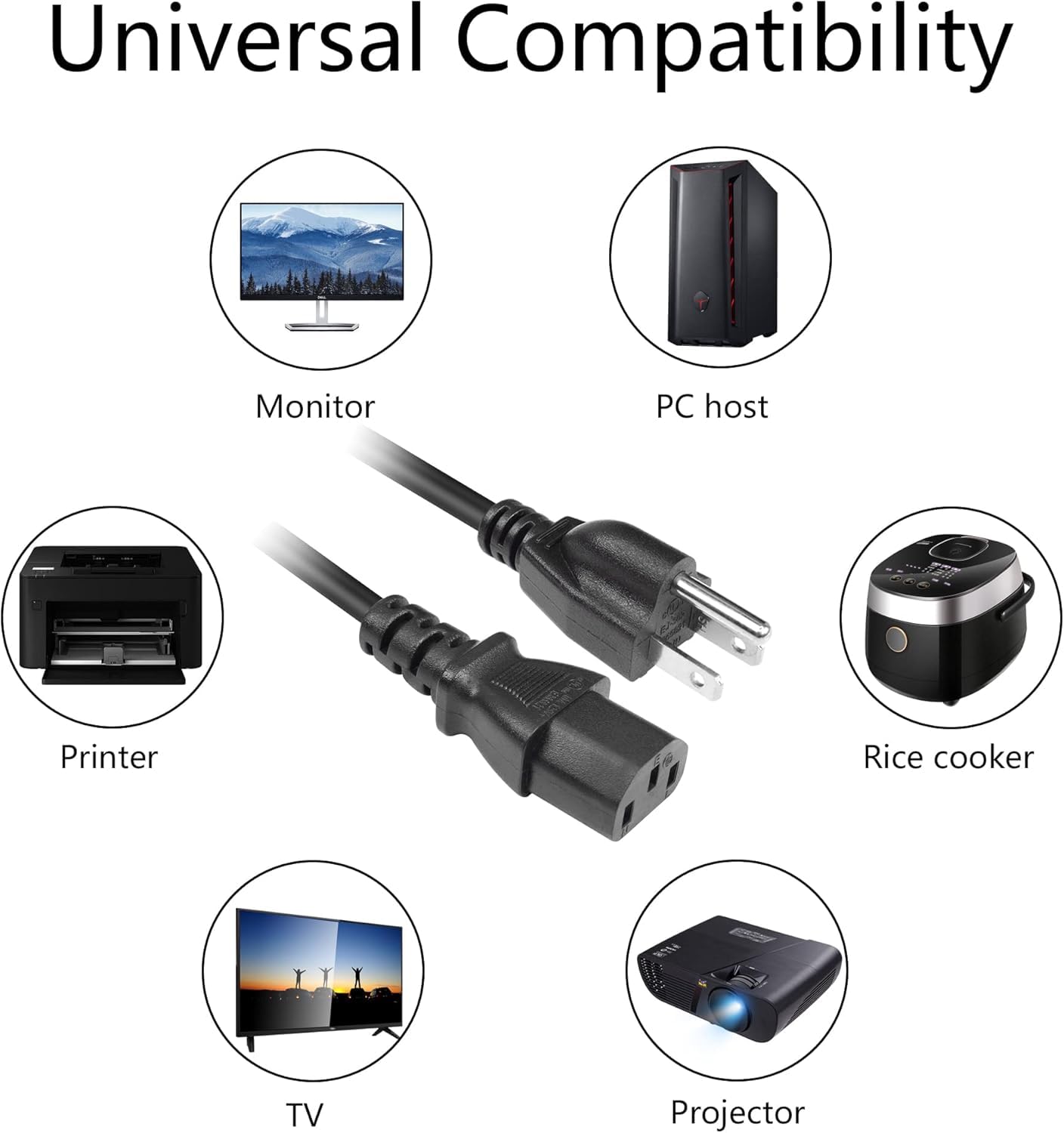 Cavo a spirale a 3 pin, 18 AWG, 125 V, 10 A, 2,5 m, adatto per TV, computer, stampante, radio, monitor, laptop, ecc. (Nero)