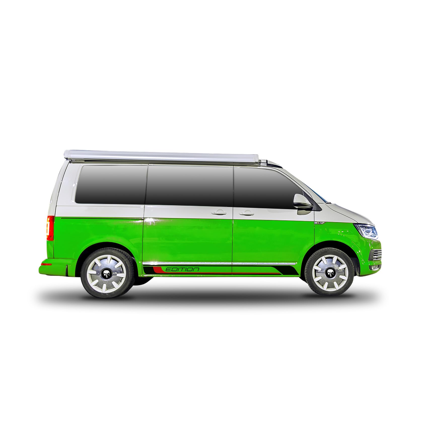Finest Folia Set di strisce da corsa con spatola per lati e posteriore sul bus, pellicola multivan, con testo a scelta, strisce decorative, strisce laterali, accessori per auto D004 (T6, Edition)