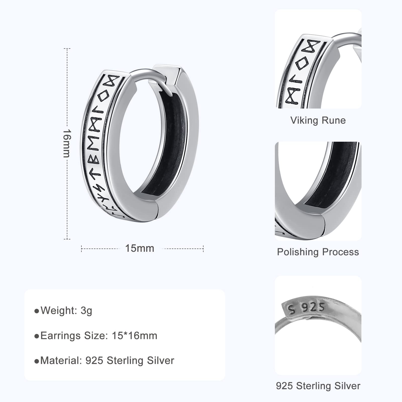 Eusense Wikinger Hoop Ohrring aus 925 Silber, Nordischer Viking Rune Ohrringe Lebensbaum/kompass/Keltische/Thor Hammer/Wikinger Wolf Ohrstecker Schmuck für Männer und Frauen