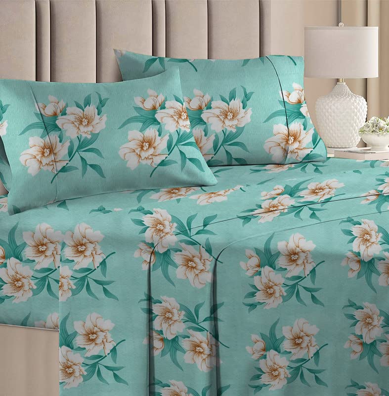 BSB HOME® Cotton Feel 160 TC Big Flower Printed Double Bedsheets with 2 King Size Pillow Cover, (90X90 Inches, 7 x 7.5 Feet, Aqua