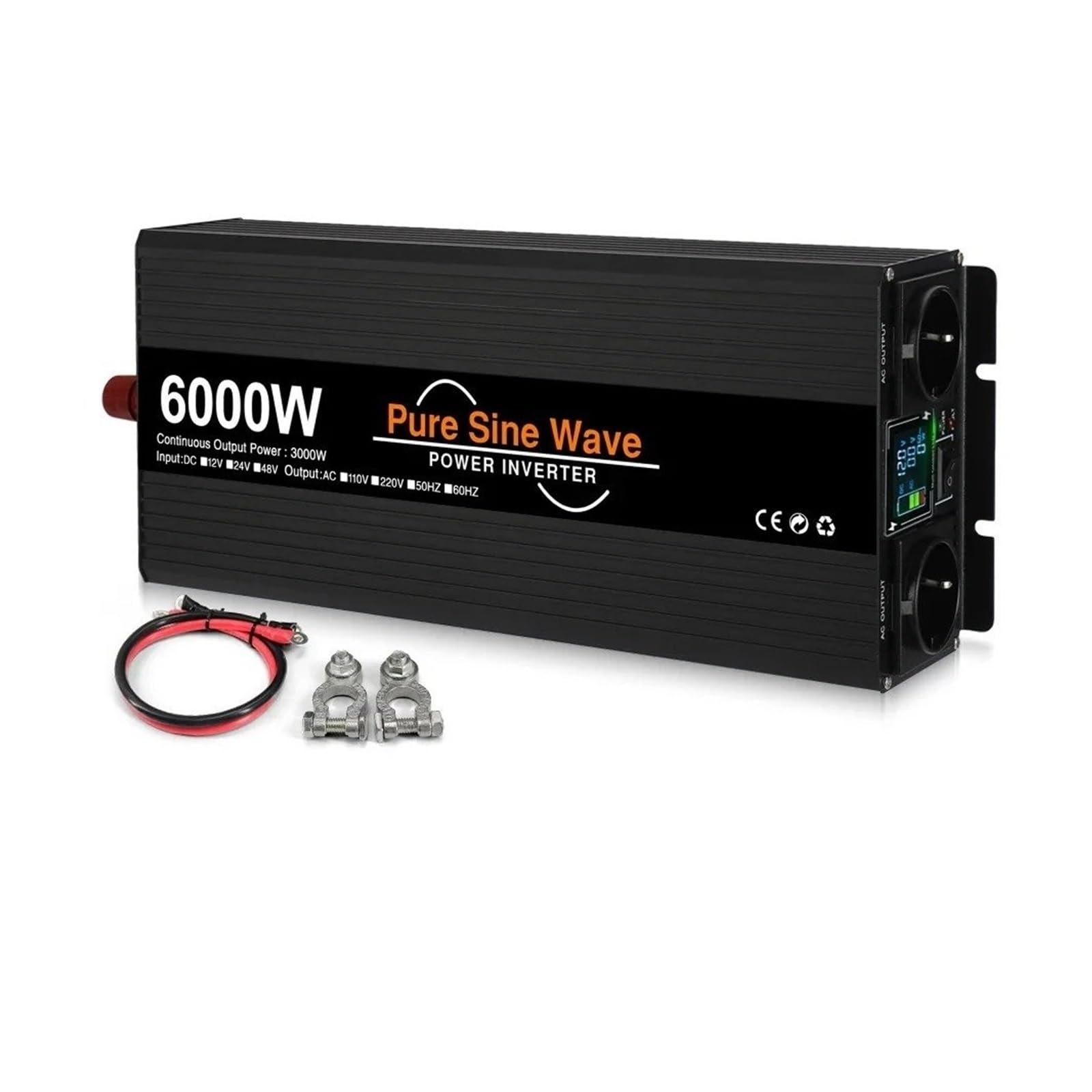 Inversor Corriente Convertidor Voltaje Onda Sinusoidal Pura 4000W 5000W 6000W con Doble Enchufe Europeo Inversor Solar 12V CC 24V Y 48V A 220V CA Transformador(24V,50HZ,6000W (Rated 3000W))