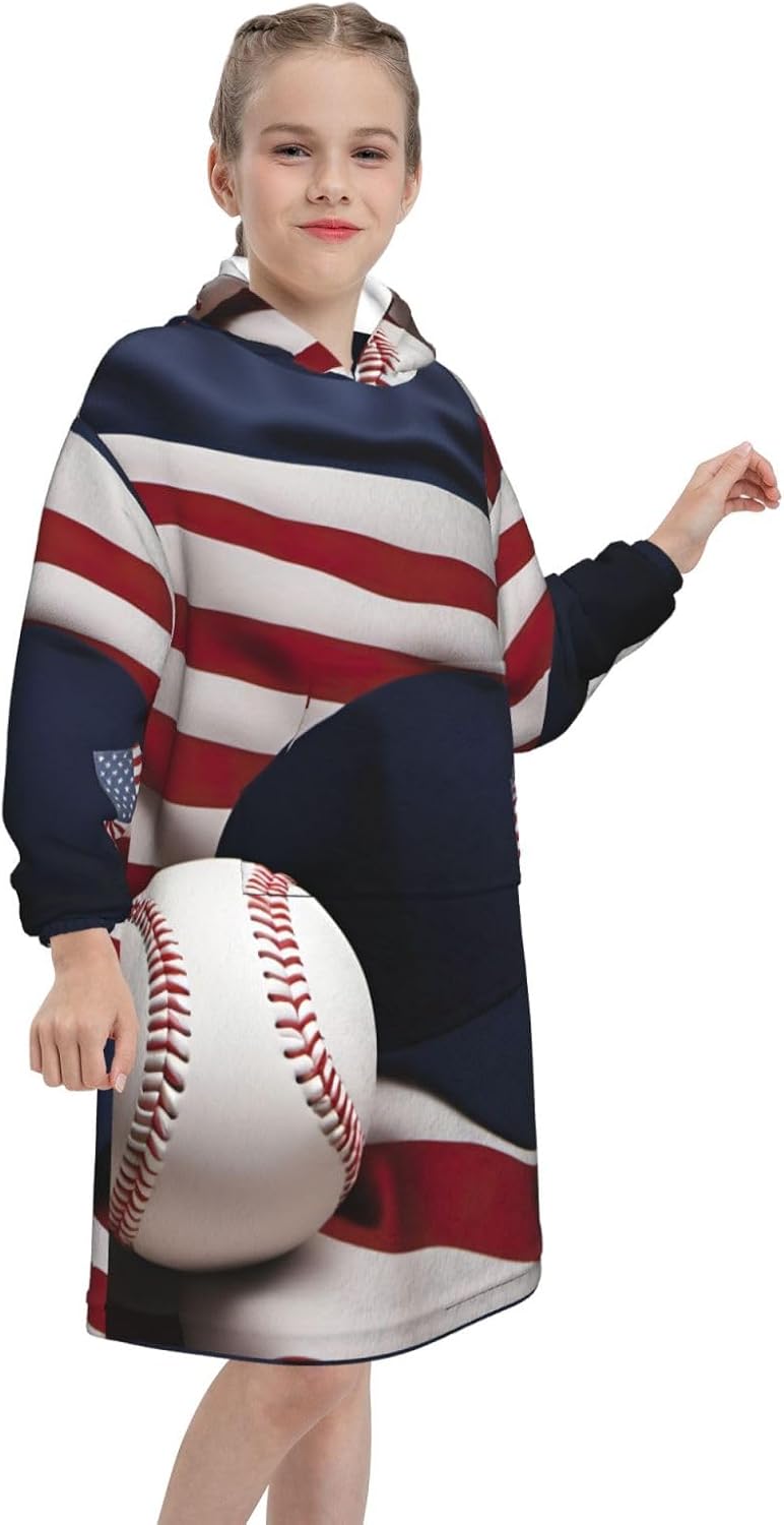 American Flag And Baseball Print Oversized Blanket Hoodie, Wearable Blanket Hooded,Hooded Pullover With Pocket