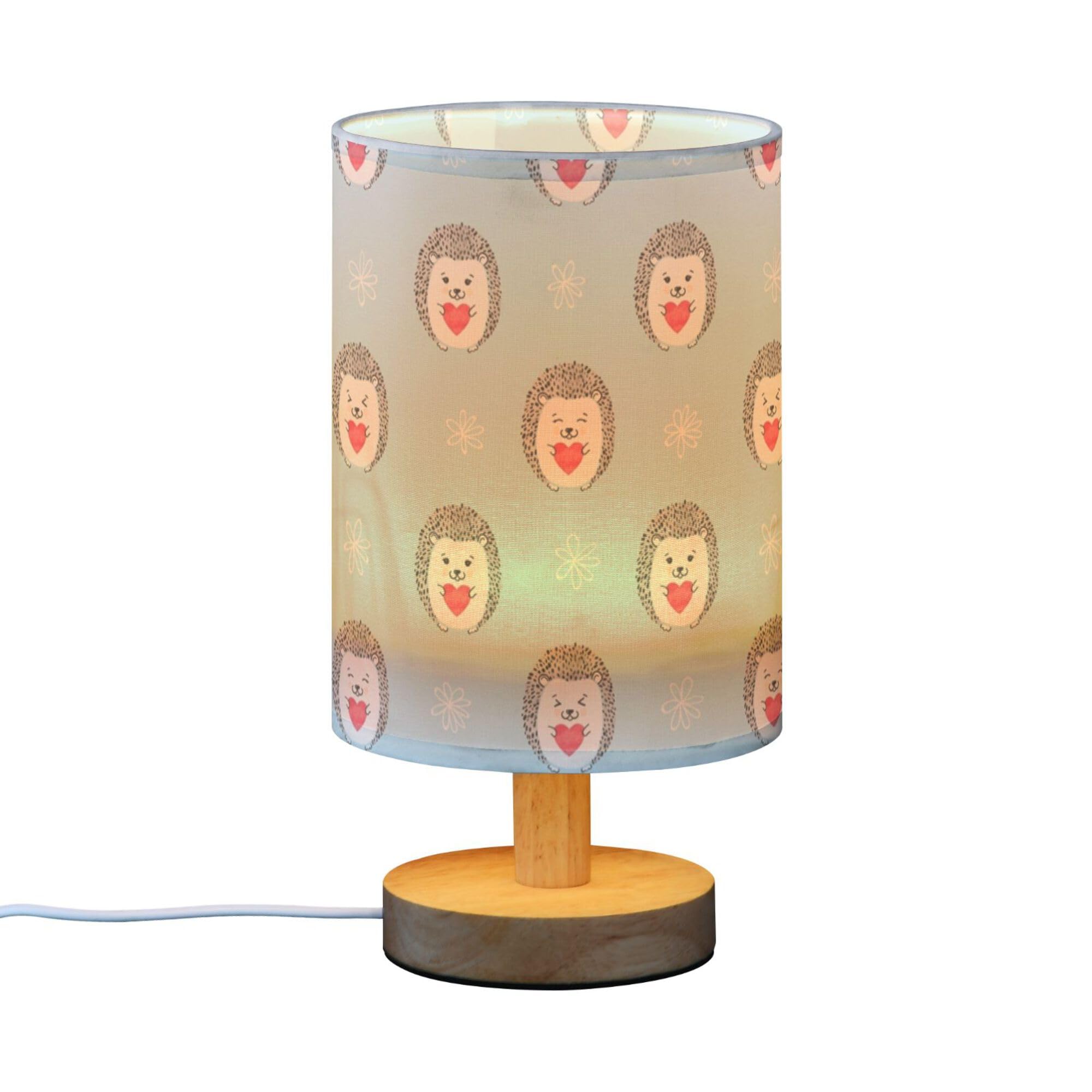 YYZZH Table Lamp Hedgehog Red Heart Flower on Blue Nightstand Lamp with Wood Base Fabric Lamp Shade Bedside Desk Lamp for Living Room Bedroom Kids Room Office