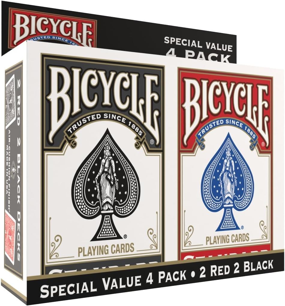 Bicycle Playing Cards 4 Pack, Standard Index Poker Size Decks in Red and Black for Poker, Blackjack, Rummy, Family Game Nights, and Classic Card Games, All Ages Bicycle Playing Cards 4 Pack, Standard Index Poker Size Decks in Red and Black for Poker, Blackjack, Rummy, Family Game Nights, and Classic Card Games, All Ages