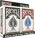 Bicycle Playing Cards 4 Pack, Standard Index Poker Size Decks in Red and Black for Poker, Blackjack, Rummy, Family Game Nights, and Classic Card Games, All Ages