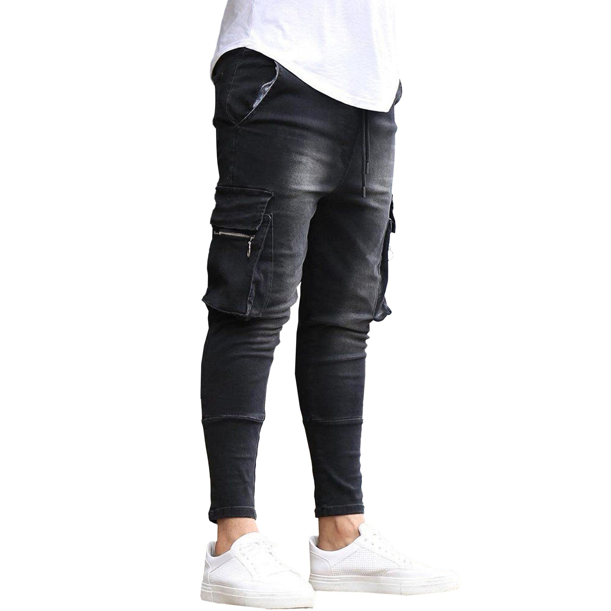 Men's Zipper Accents Skinny Jeans Slim Fit Fashion Denim Pants Cargo Casual Jean Trousers with Multiple Pocket (Dark Blue,Medium)