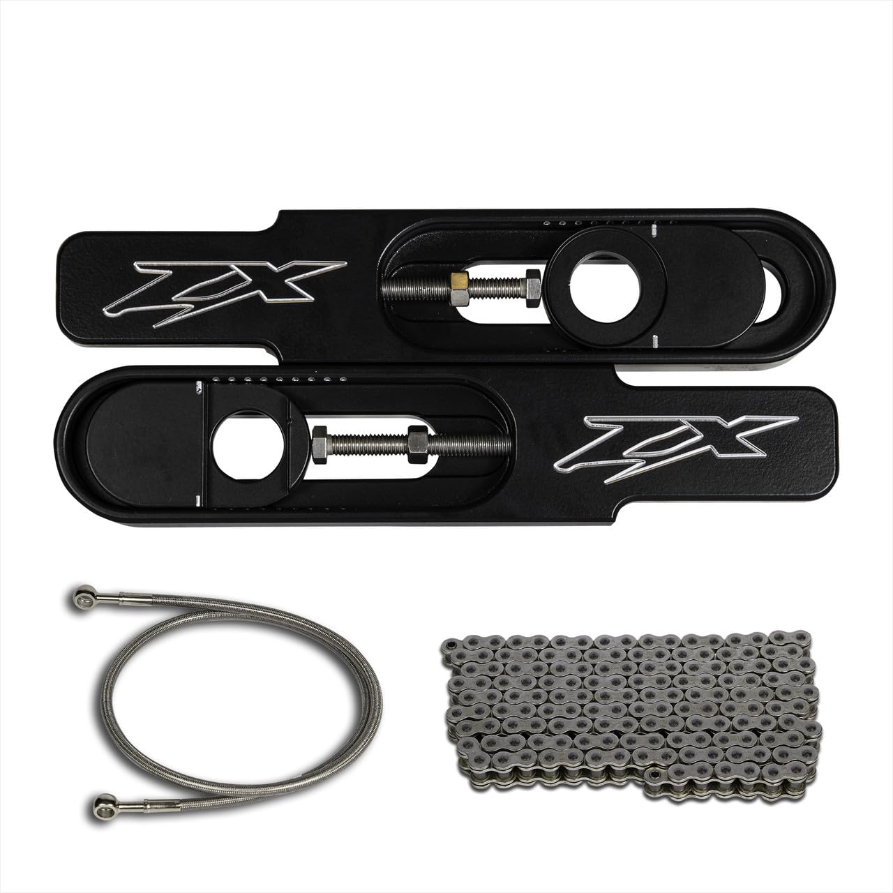 2000-2005 ZX12 Swingarm Extensions Black Engraved - Made in USA (Extensions, Chain, and Brake Line)