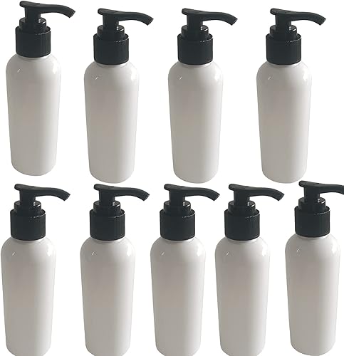 Juego de 9 botellas dispensadoras de tamaño de viaje, dispensador de botellas blancas de 5 onzas con loción, bombas para champú, gel de ducha,