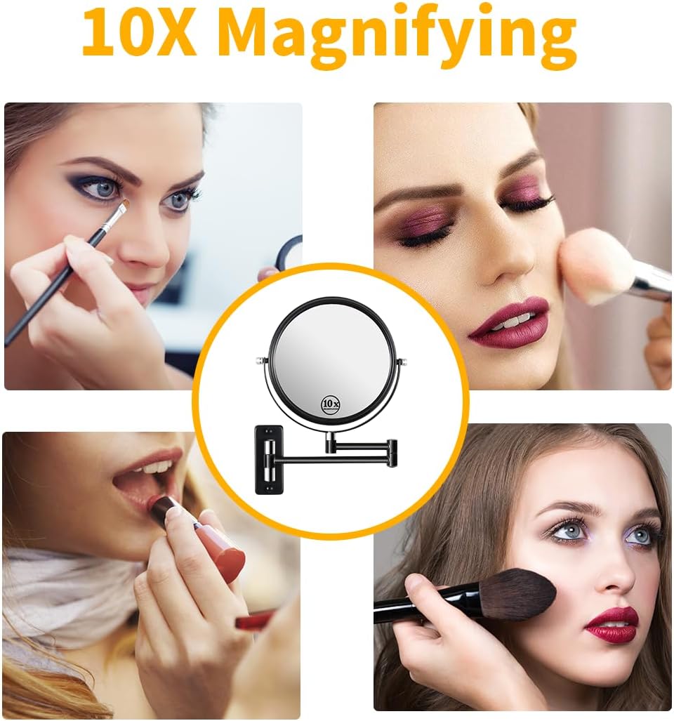 8-inch Wall Mounted Makeup Vanity Mirror, 1X / 10X Magnification Mirror, 360° Swivel with Extension Arm (Black&Chrome)