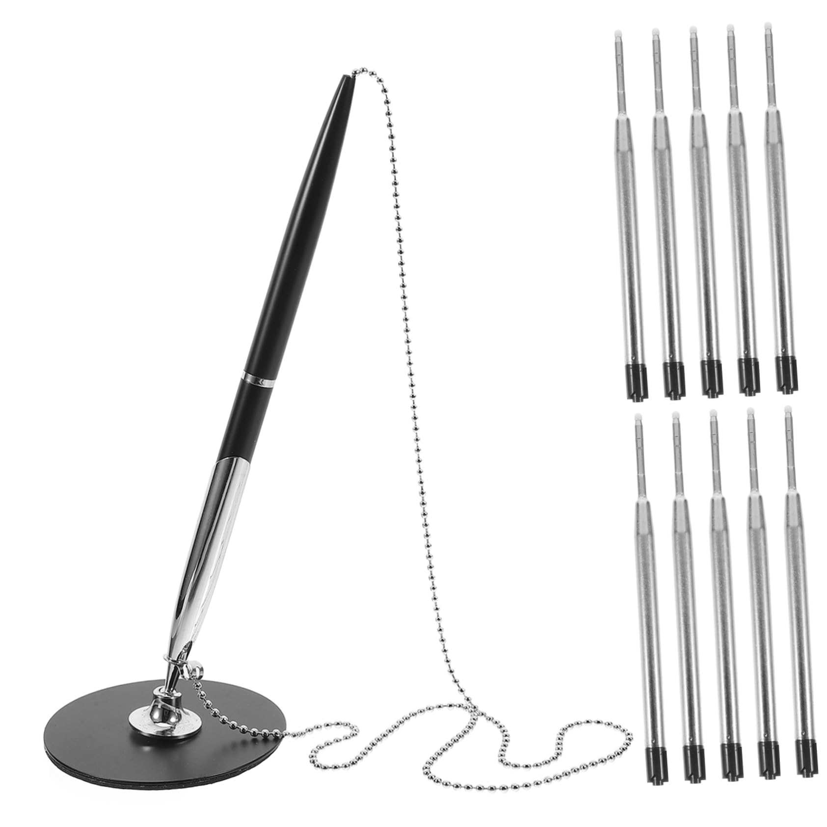 Stylo De Signature Avec ChaîNe Et Base Rotative Stylo Bureau MéTal Argenté Avec 10 Recharges Pour Usage Quotidien Bureau Ou Banque
