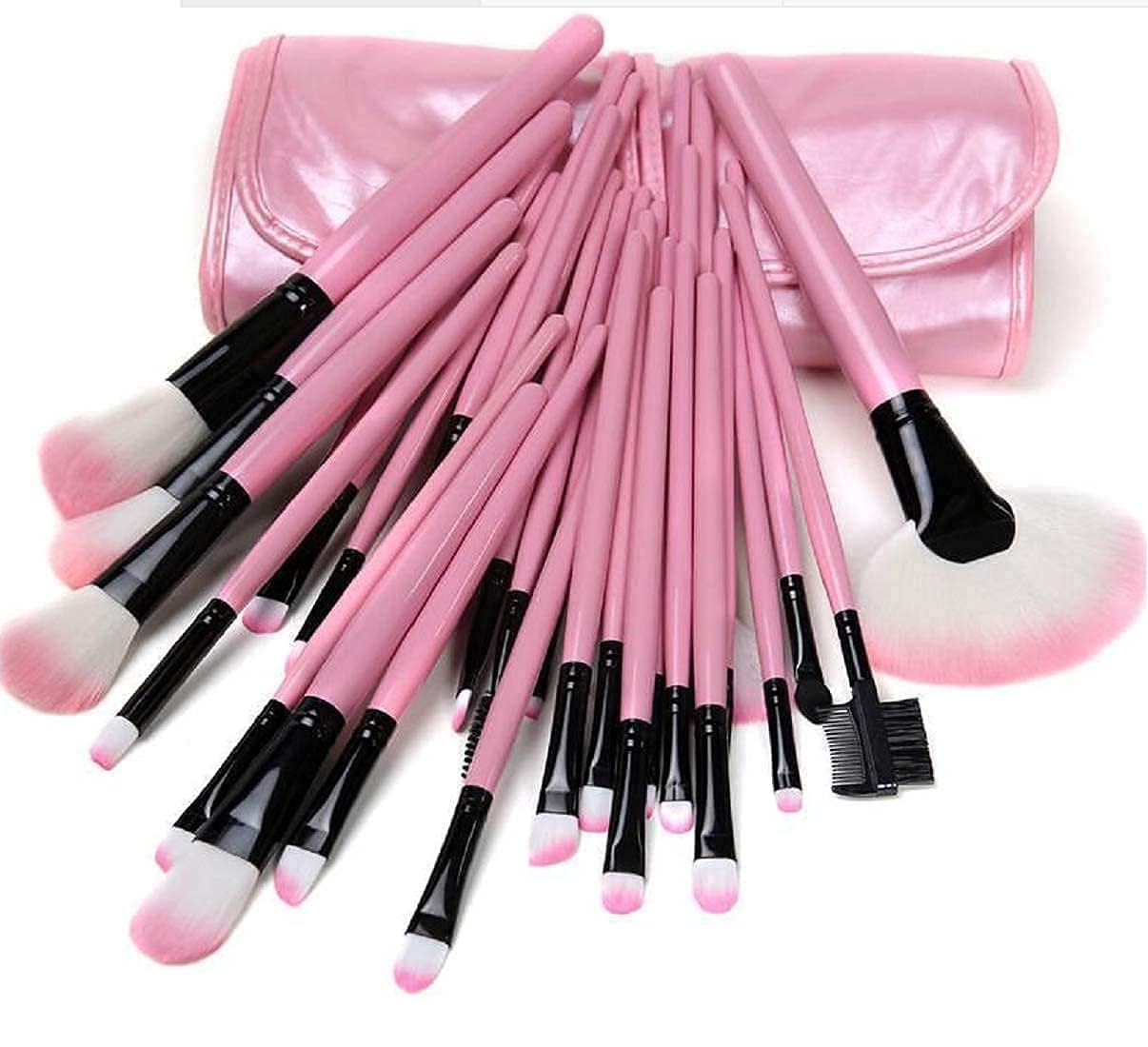 Soft Bristle Makeup Brush Set with Storage Pouch- Pink | Nylon Bristle Makeup Brush Set With Leather Pouch | 24 Pieces-image-34