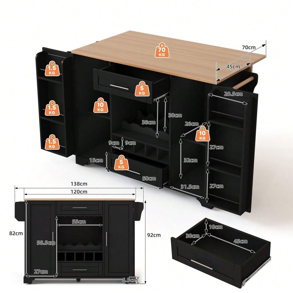 Tavolo da cucina con occhio mobile nero – piano di lavoro pieghevole, stoccaggio integrato (vino, bicchieri, spezie) e portasciugamani (nero + naturale + MDF + europeo)