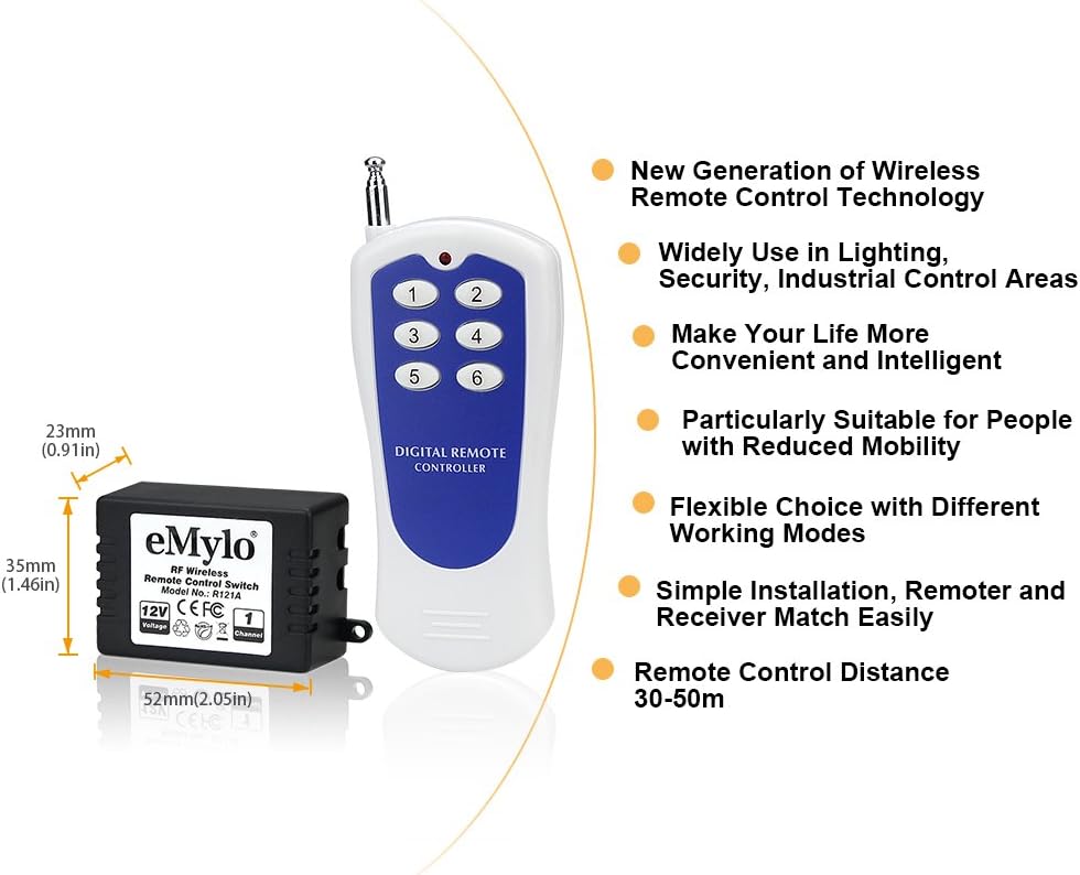 eMylo DC 12V 6X 1 Channel Wireless Relay RF Relay Wireless Remote Control Switch 433Mhz Transmitter with Receiver