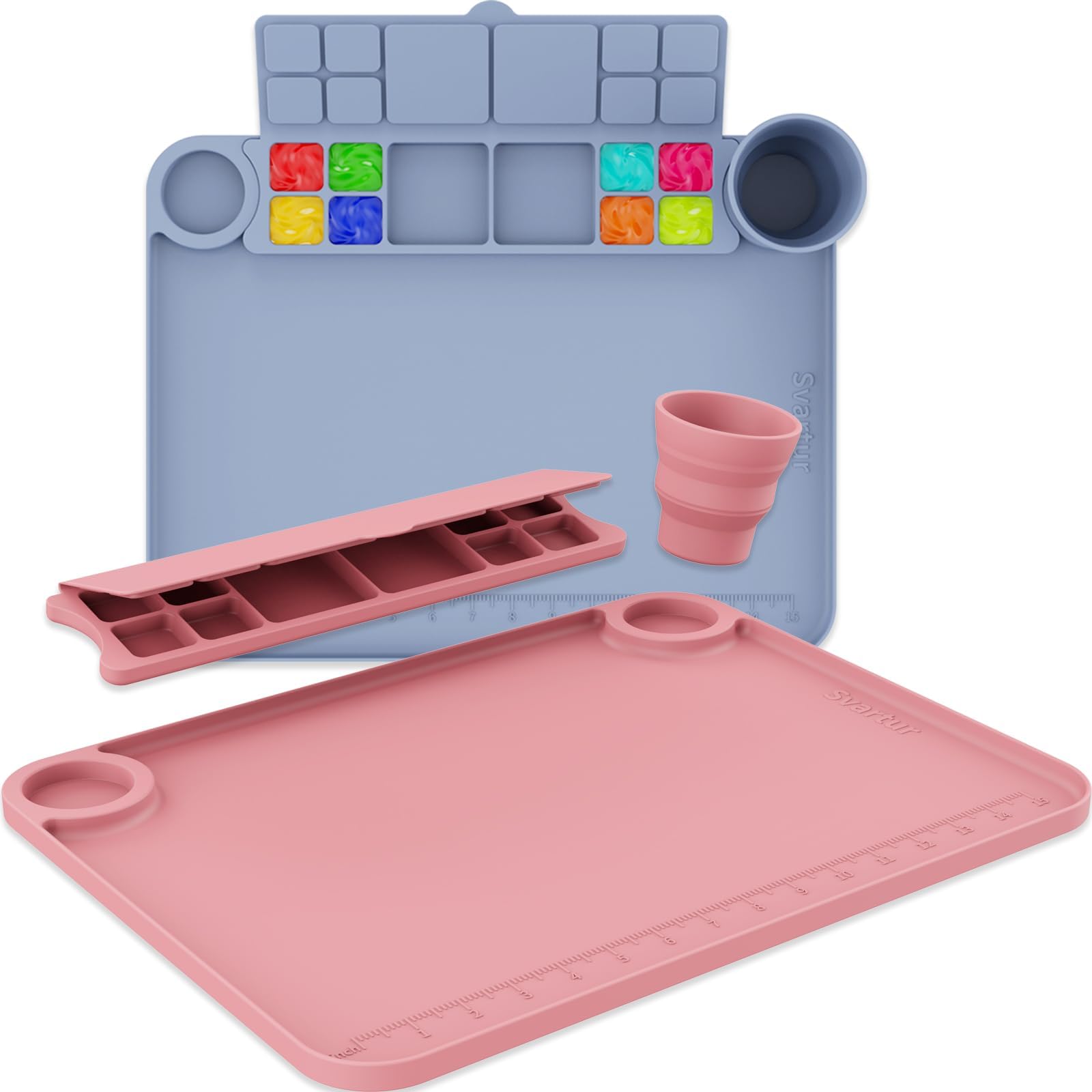 Svartur Silicone Painting Mat with Cup and Palette Detachable, 17"X13" Thick Silicone Craft Mat with Raised Edge for Artist, Painting Station Creator Mat, Gray & Coral Pink