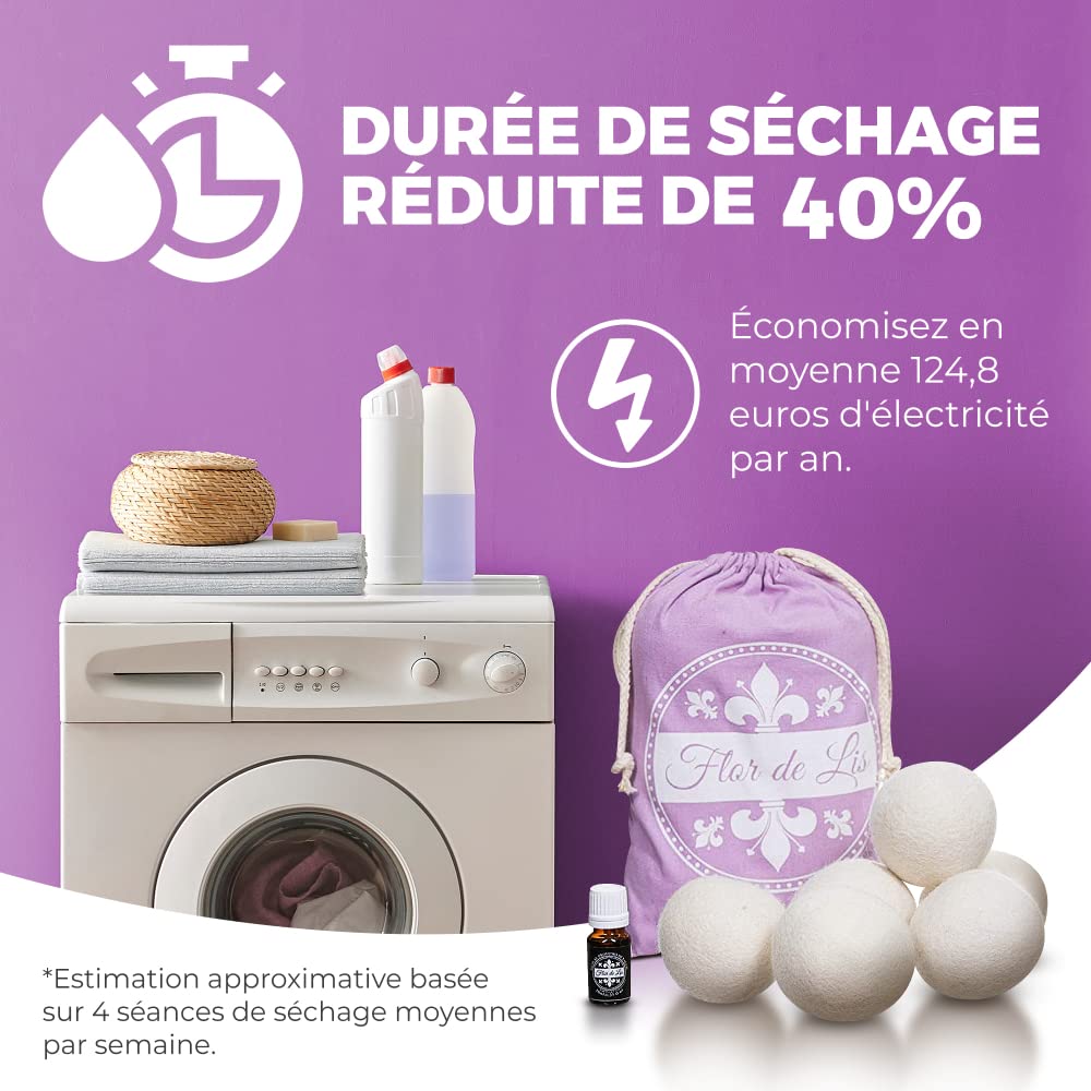 Flor De Lis Boule de Laine pour Sèche-Linge Avec Adoucissant à l'Huile de Talc - 6 Pièces, Laine Mérinos de Nouvelle-Zélande, 10ml Parfum Poudre Bébé - Réutilisables jusqu'à 1100 Fois