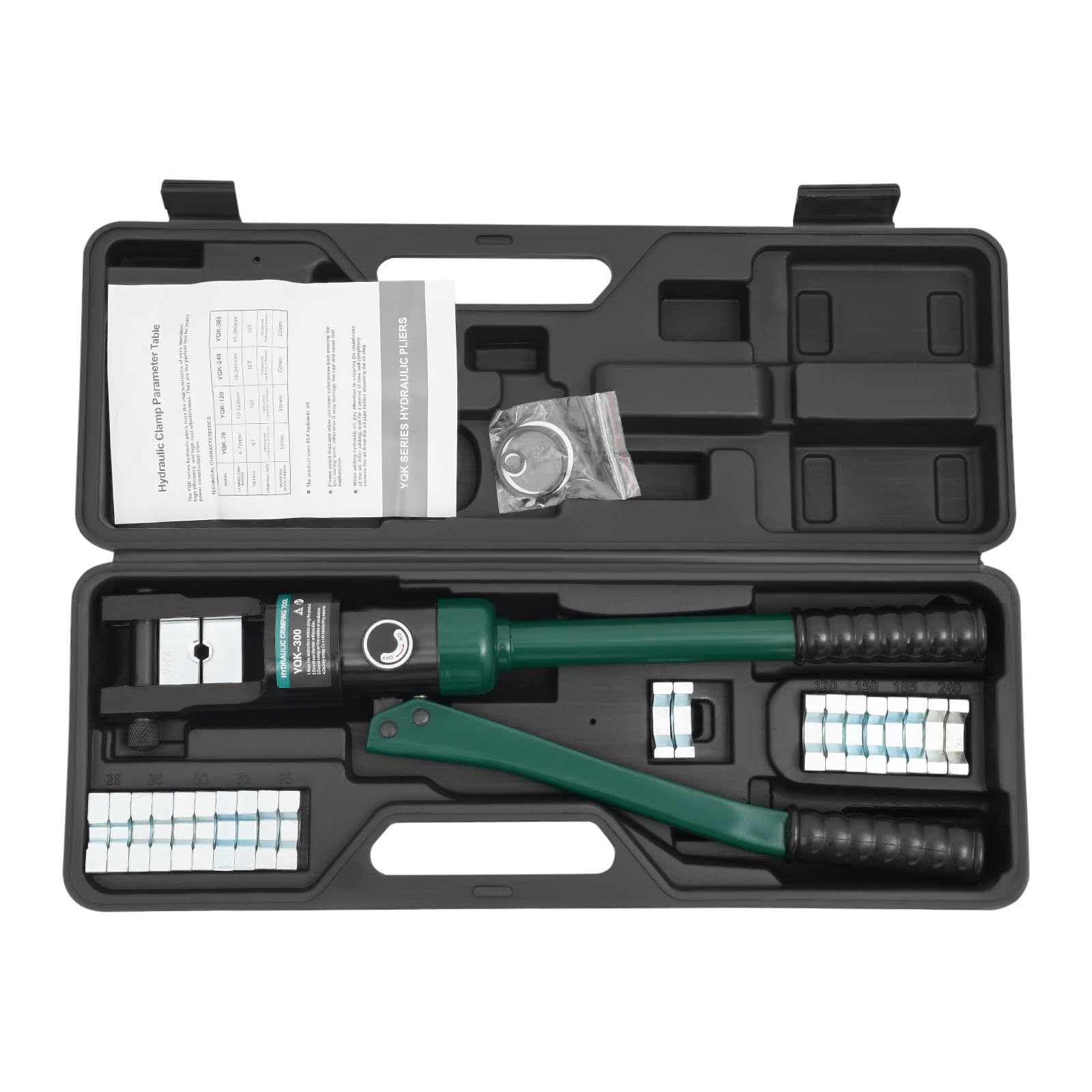 Hydrauliczne szczypce zaciskowe 120 KN z 11 matrycami 16-300 mm², szczypce zaciskowe do końcówek kablowych i rur – ręczne narzędzie do zaciskania do instalacji elektrycznej i przemysłu (zielone/czarne