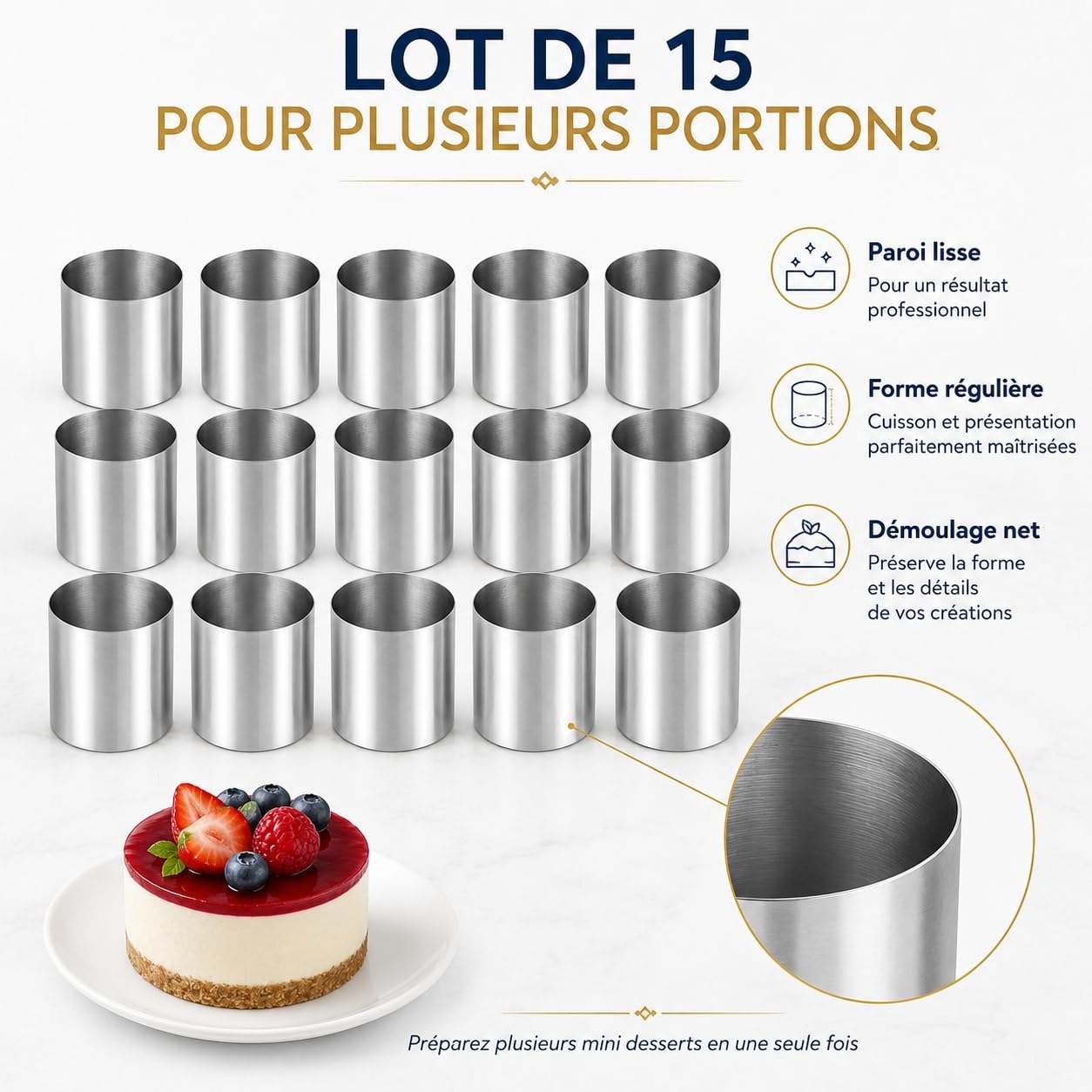 YAYODS Cercles à Pâtisserie INOX Lot de 15 - Ø 5 x H 5 cm Cercles à Mousse sans Fond pour Mini Entremets, Gâteaux Individuels, Tartares et Dressage de Table