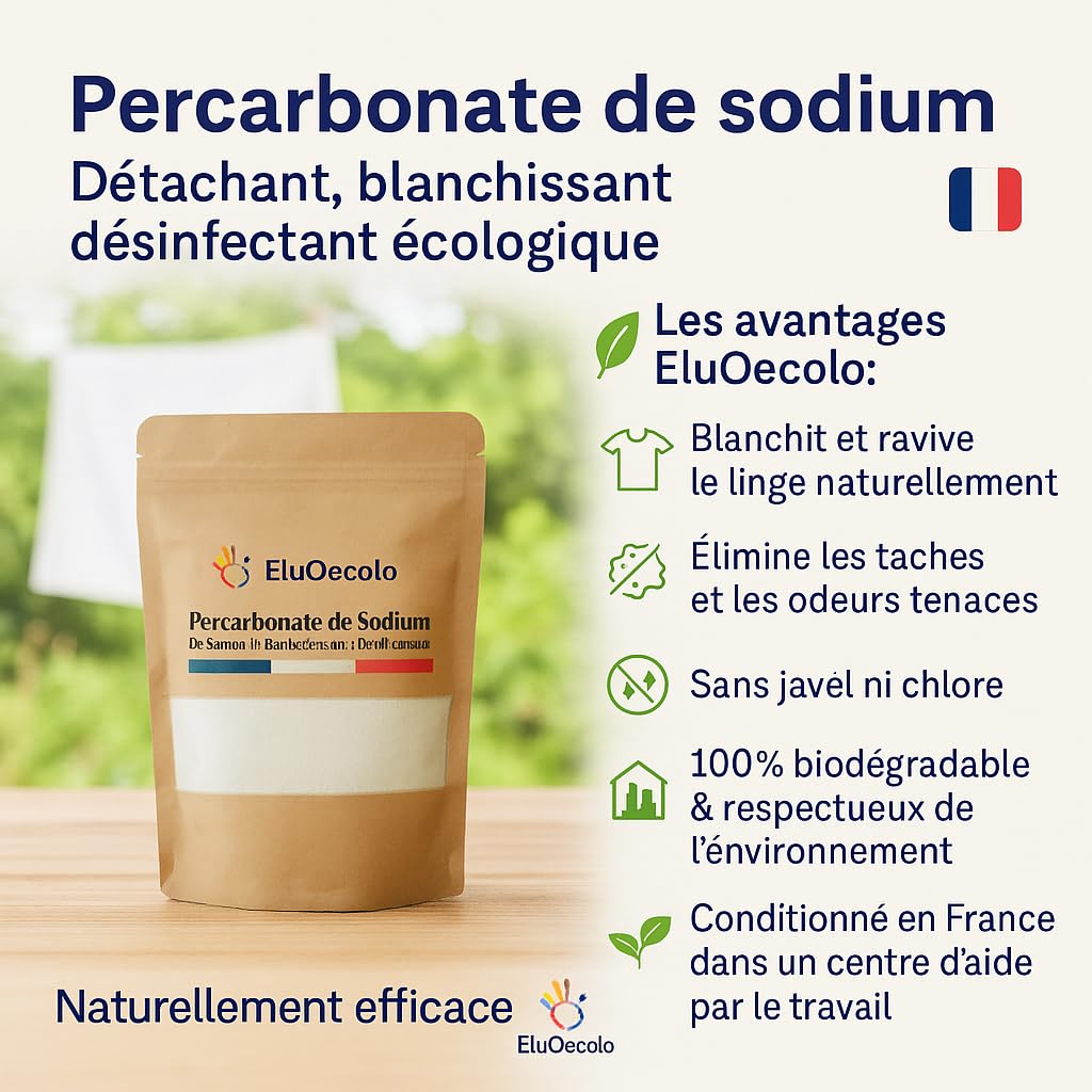 EluOecolo made in France - Détachant & blanchissant au Percarbonate 3kg DOYPACK zippé - Oxygène Actif <12% - avec doseur - Conditionné dans un CAT Local