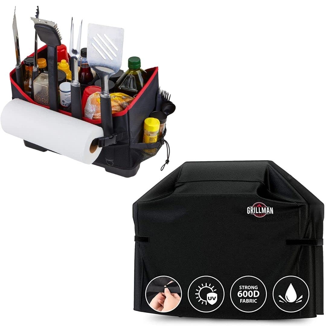 Grillman Premium Grill Caddy & Grillman Premium BBQ Grill Cover. Rip-Proof & Waterproof (64" L x 24" W x 48" H, Black)
