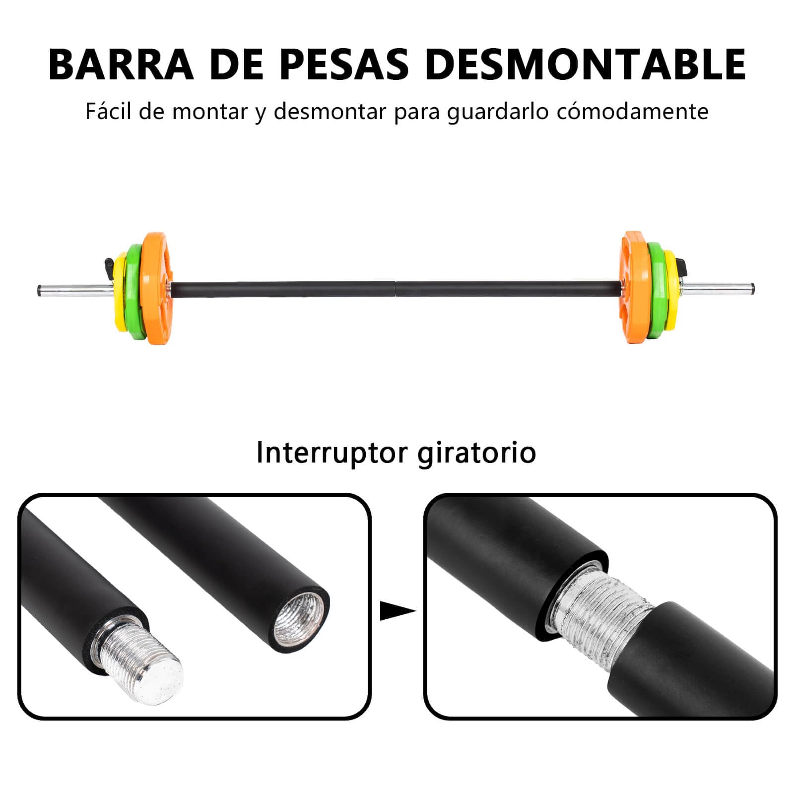 Barra de Pesas, Barra Recta Desmontable Ø25mm 140cm, Acero Resistente, 2 Cierres para Mancuernas, Espuma Antideslizante, Barra Olimpica para Fitness Gimnasio en Casa