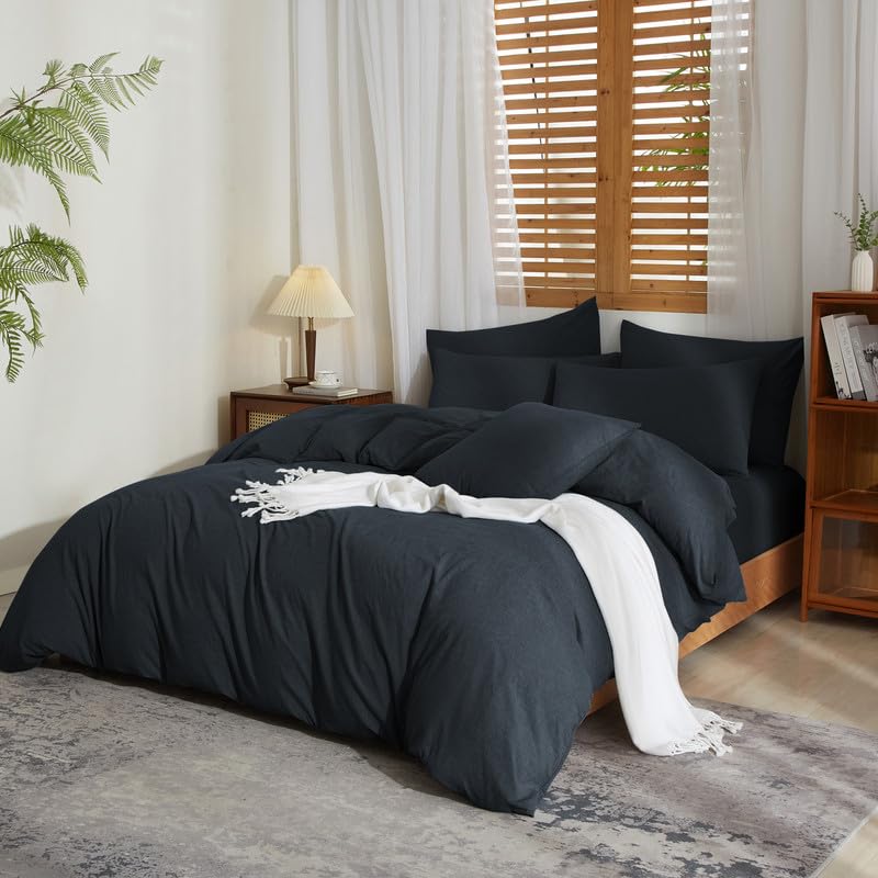 Gezu Housse de Couette Coton Lin 220x240 Gris Parure de Lit 100% Lin Coton
