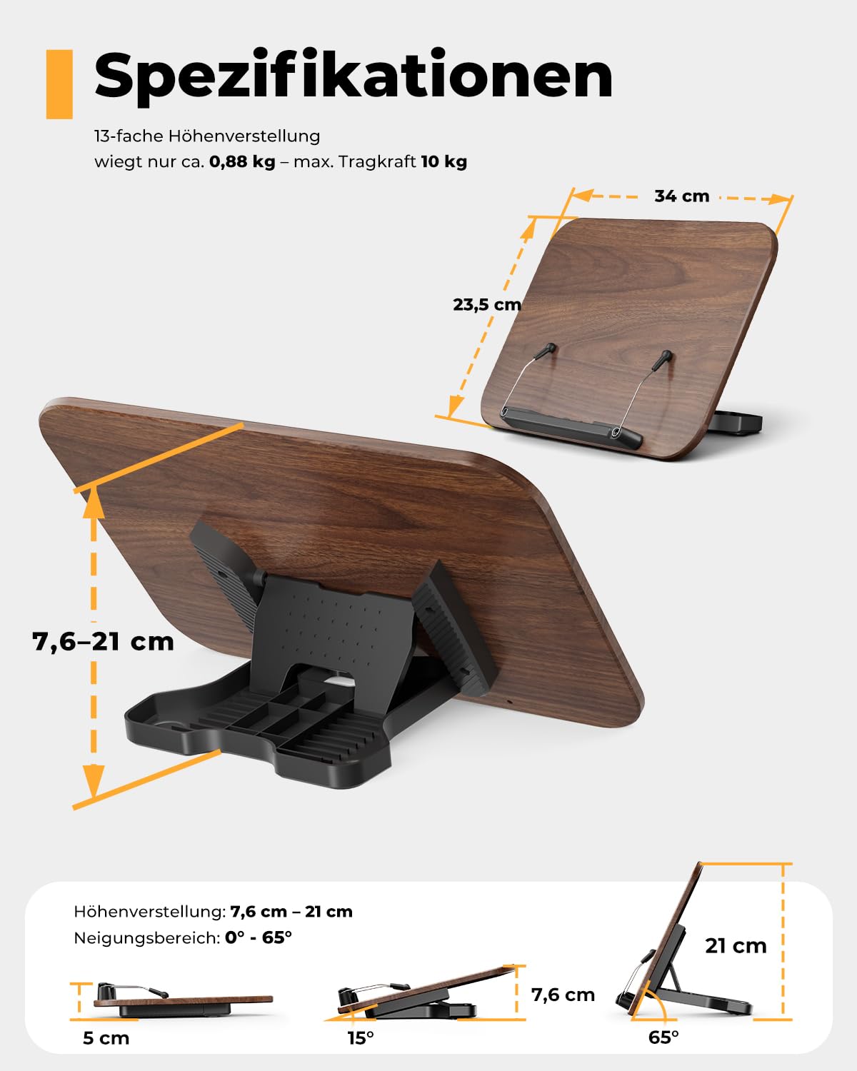 SupeDesk Buchständer, verstellbarer Holz-Buchhalter Leseständer, faltbarer Book Stand mit buchschonender Silikon-Seitenclip, langlebiger Kochbuchhalter, Präsentationsständer für Schule, Büro, Küche