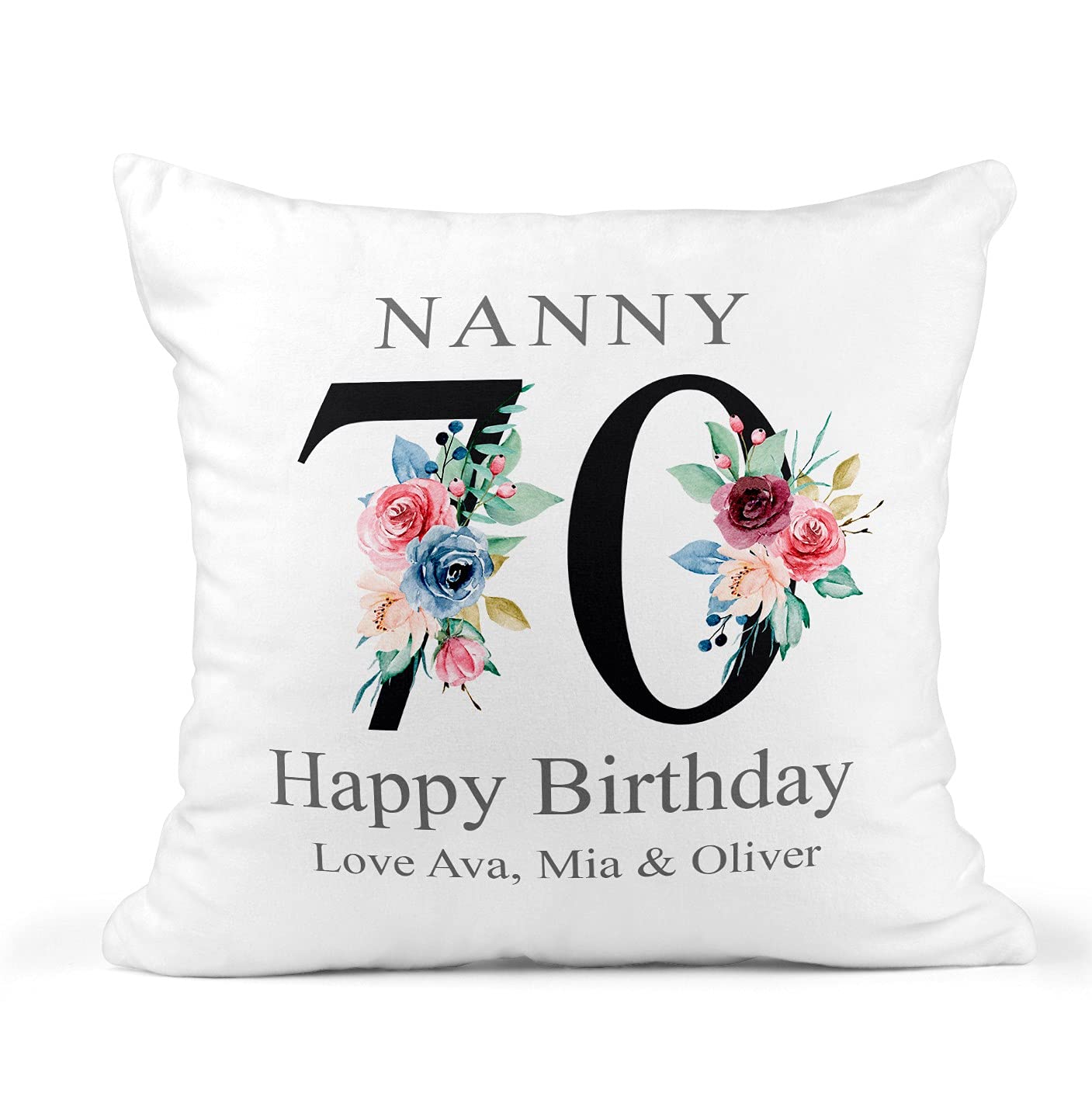 Personalised 70th Birthday Cushion - Floral Number 70 With Name and Message โ image 1