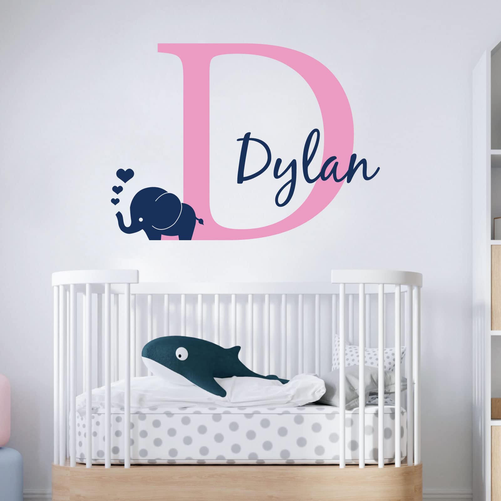 Personalised Baby Girl/Boy Name with Initial Letter and Baby Elephant, Hearts - 2 Colours [Large] [Pink]