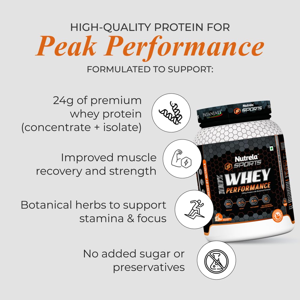 NUTRELA Sports Patanjali Whey Protein 1kg | Concentrate + Isolate | 24g Protein Per Scoop | 6.7g BCAA, 4.9g Glutamine with Digestive Enzymes for quick absorption & easy digestion | Muscle - Building & Recovery | 100% Vegetarian | Malai Kulfi — Amazon image 2