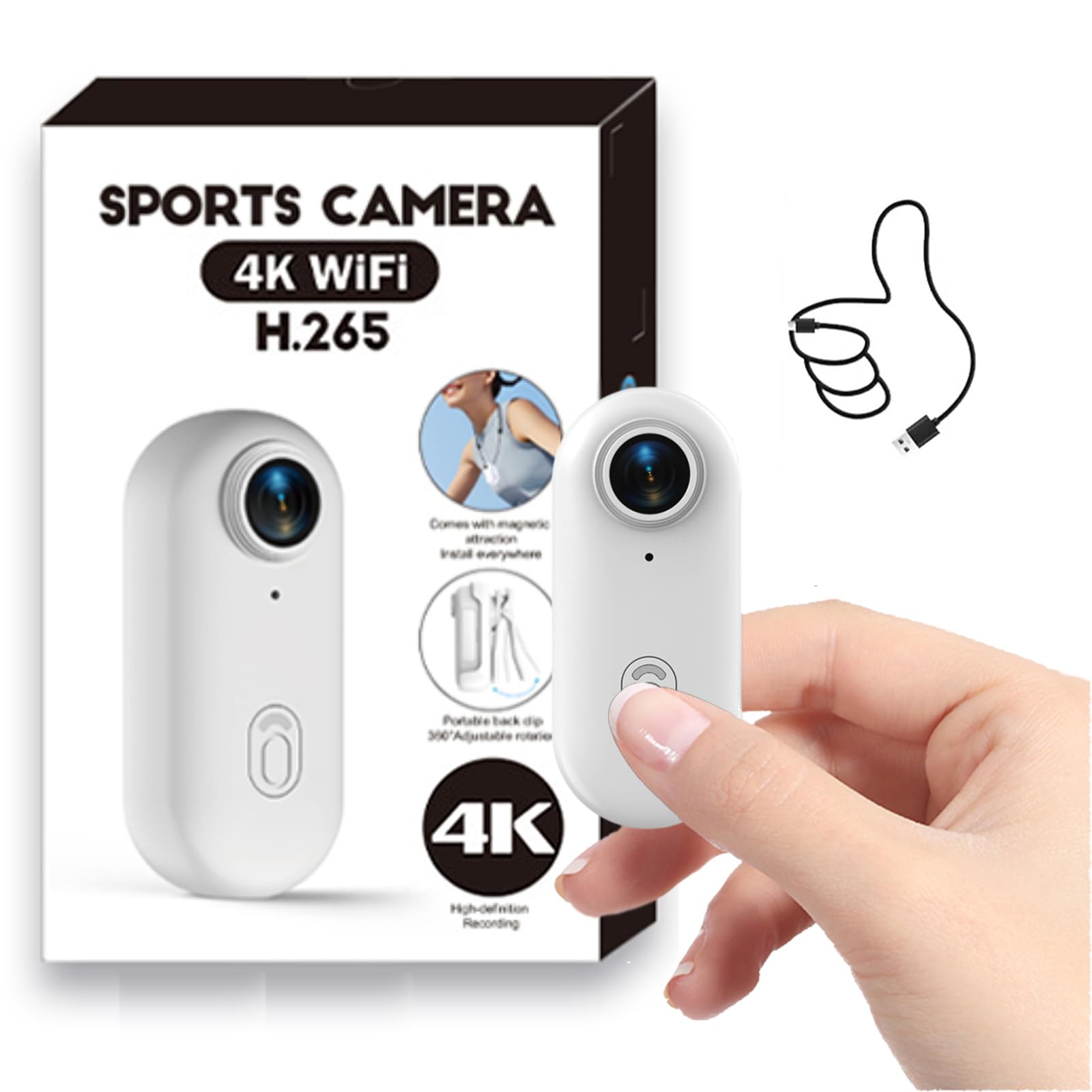 Caméra Sport 4K WiFi Étanche Aimanté Mains Libres - Mini Action Cam Portable avec Clip 360° Angle 120°,Enregistrement en Boucle, Caméra Vlog POV pour Moto Casque,Velo, Équitation, Ski et Animaux Blanc