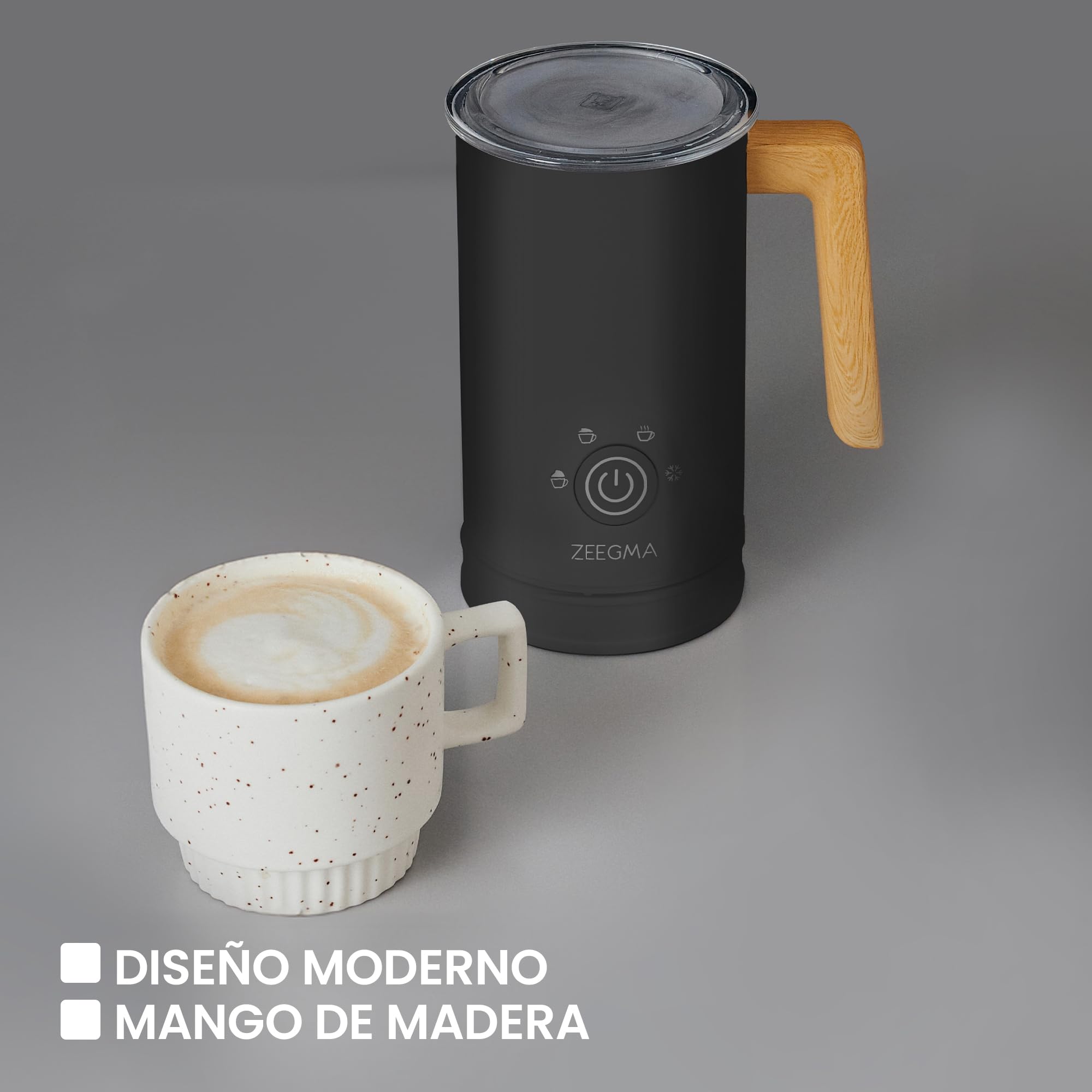 Zeegma Milkee - Espumador de Leche Eléctrico Milkee 650ml, Potencia de 500W, 4 Modos para Espumar y Calentar, Diseño Moderno con Mango de Madera, Fácil de Limpiar, Revestimiento Antiadherente - Blanco