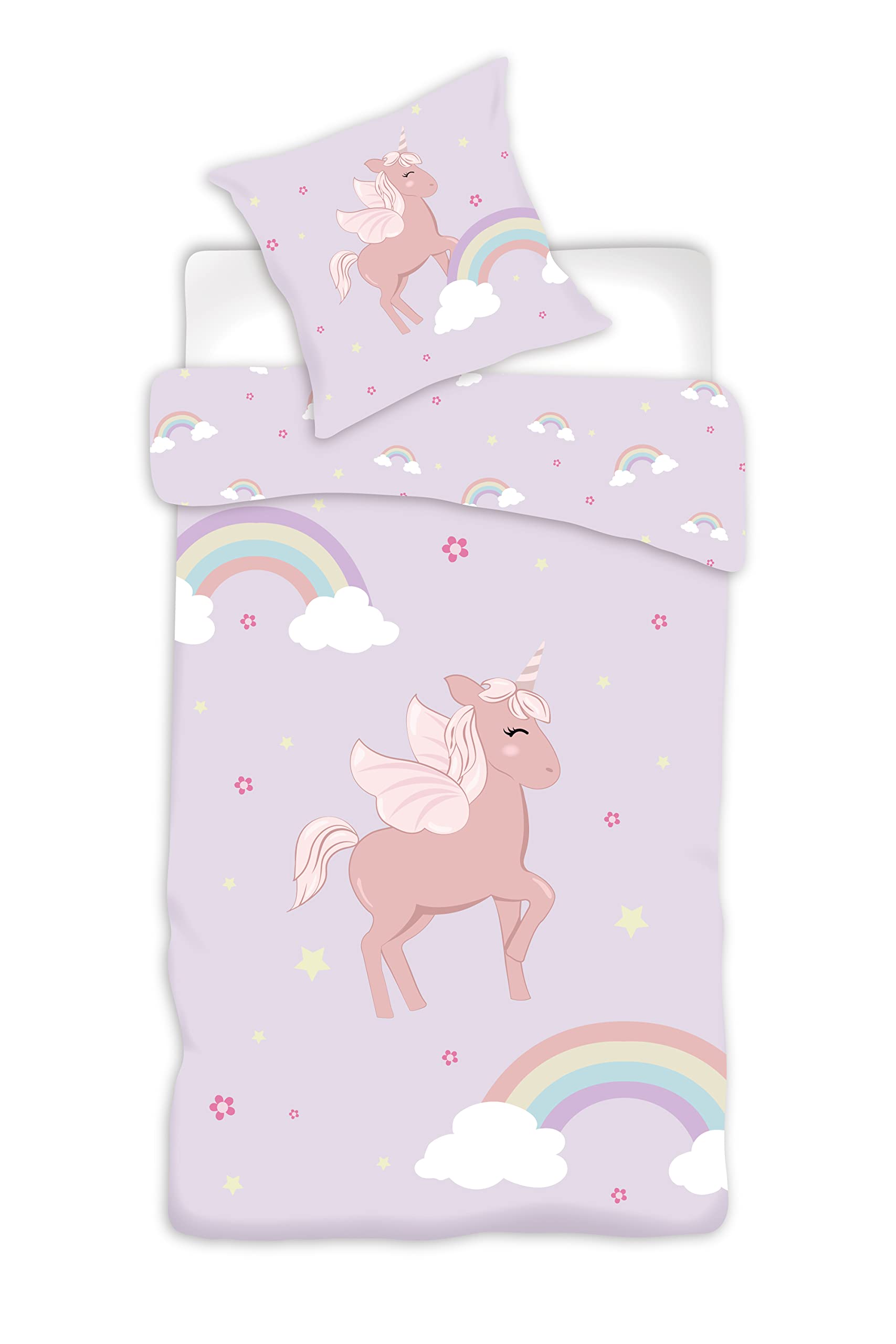 BrandMac Parure de Lit Licorne Rainbow pour Bébé, Housse de Couette Junior 100x135 cm + Taie d'oreiller 40x60 cm, 100% Coton
