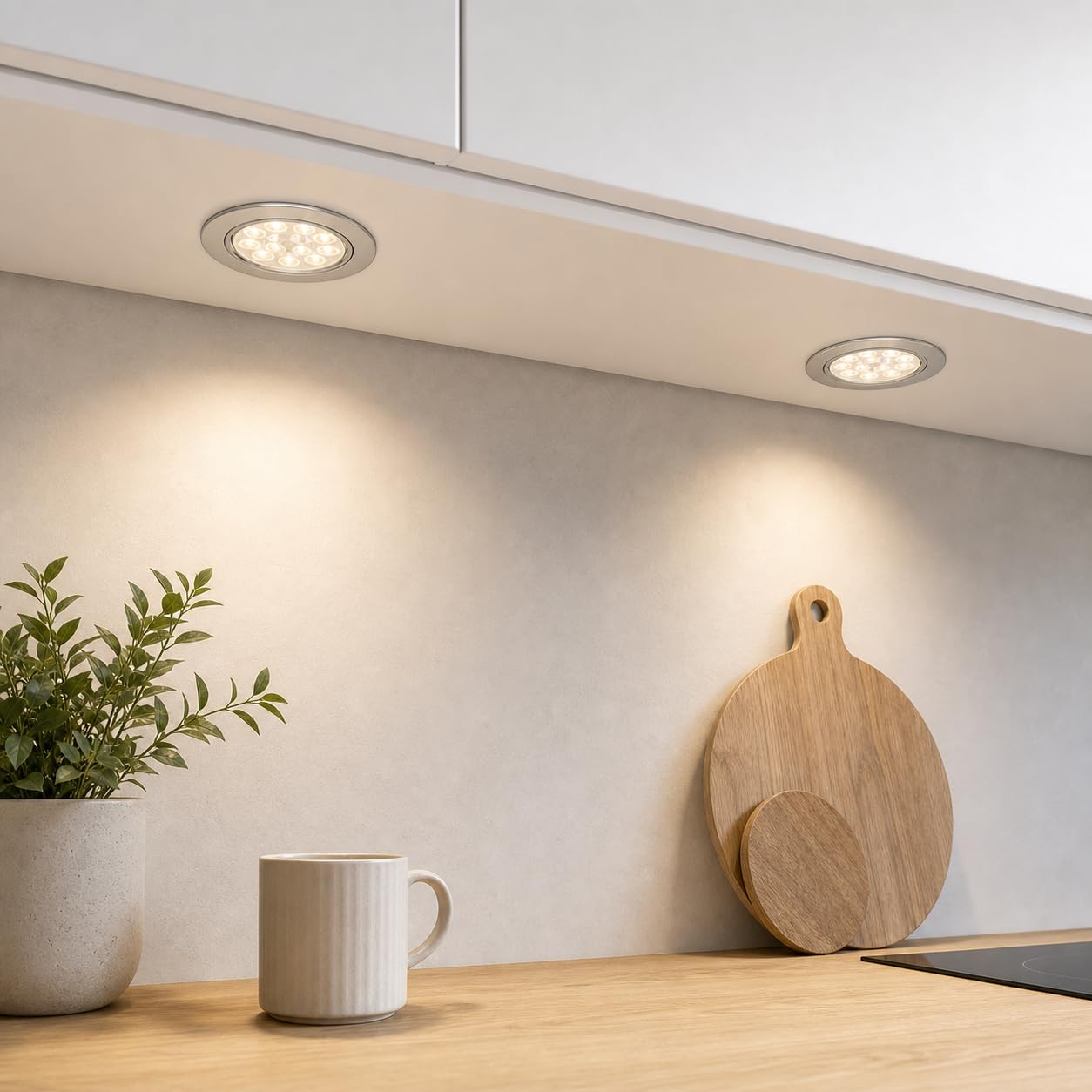 3er Set: Flache LED Einbauspots Alina, 3W, warmweiß (3000K), 200lm, 12V, mit 15W LED Trafo Satz. Für Wohnzimmer, Küche und Bad. Plug-and-Play-System, 20° schwenkbar, Farbe Edelstahl gebürstet.