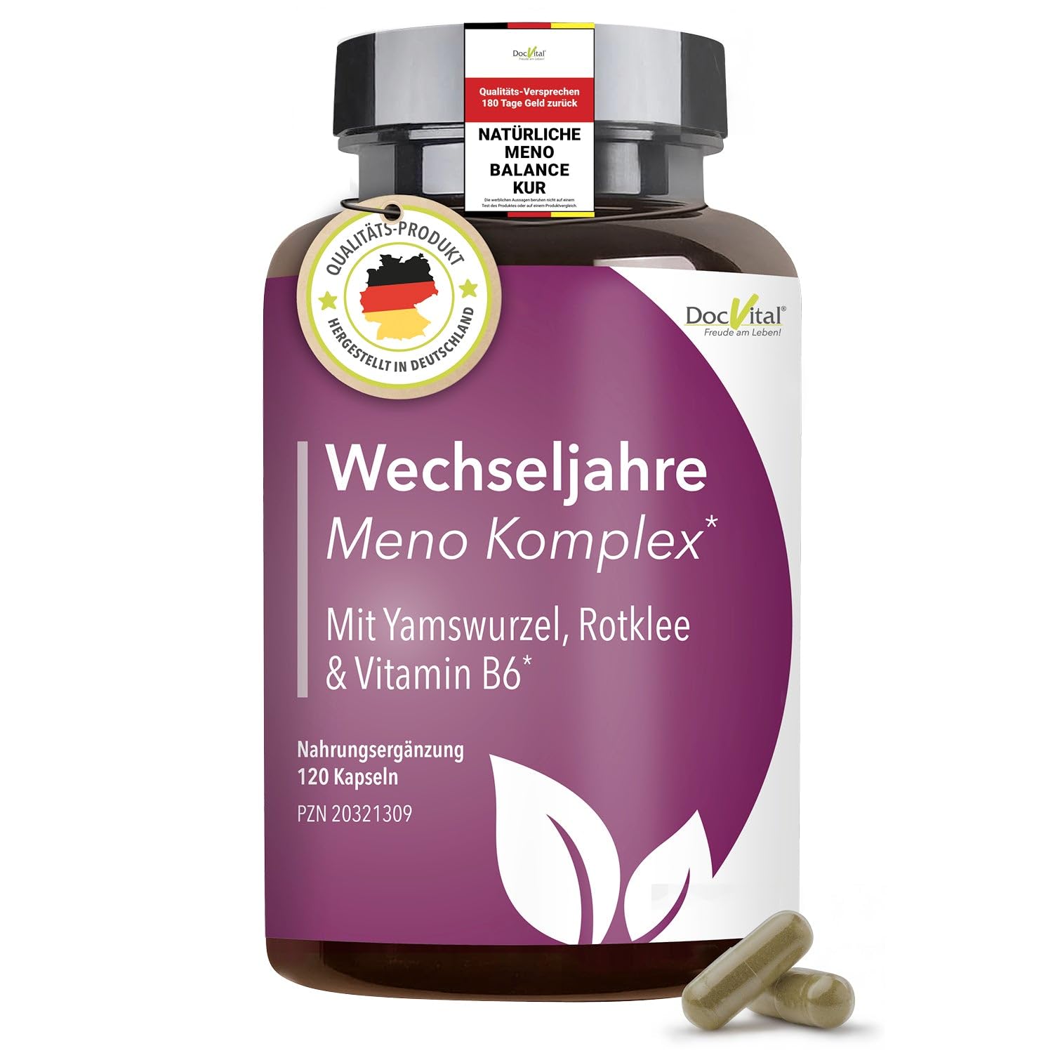 DocVital® Wechseljahre Komplex [120 Kapseln] - Yamswurzel & Rotklee für die Menopause - Hormon Balance Frauen - Meno Komplex Wechseljahre - vegan & hormonfrei - Made in Germany