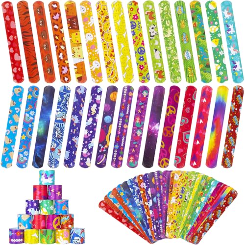 RICEDUO 60 Pcs Slap Bracelets for Kids, 30 Styles Colorful Bulk Slap Wristbands - Animals Heart Galaxy Cute Slap Bracelets for Easter Party Favors Classroom Prizes Exchanging Gifts