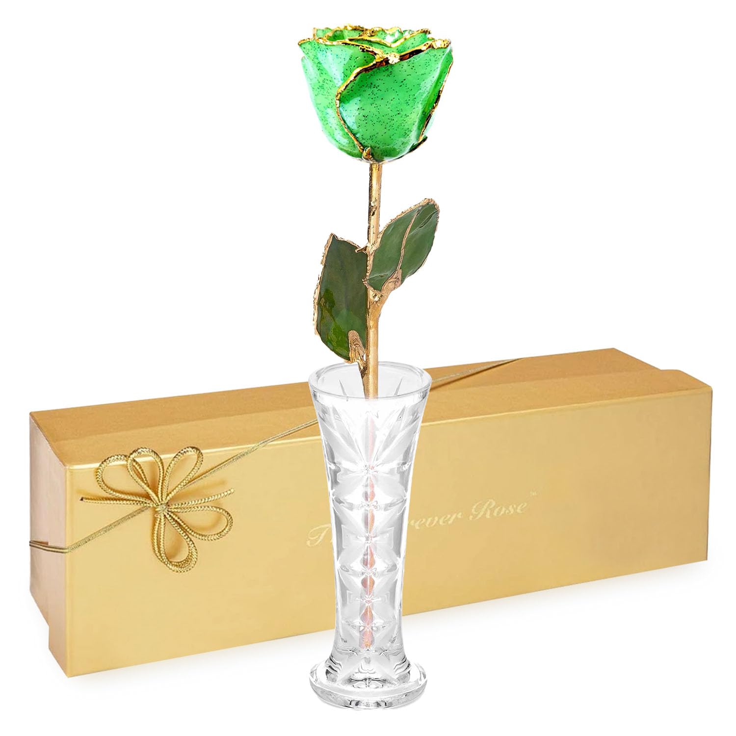 Forever Rose Hand-Dipped in 24K Gold, Peridot-Inspired August Birthstone with Sparkles, Real Rose in Luxury Gold Gift Box & Clear Glass Bud Vase – Perfect Ready for August Birthday or Any Occasion