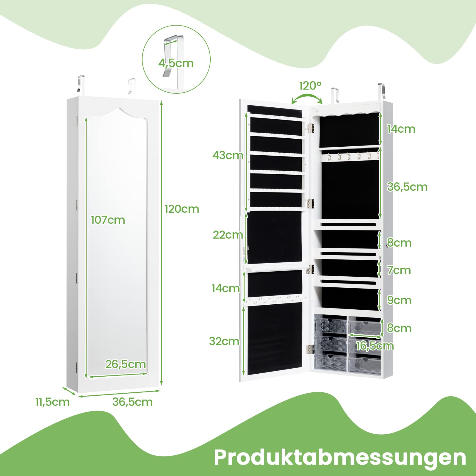 COSTWAY Schmuckschrank hängend, Sipegelschrank mit LED-Beleuchtung, Spiegel und 6 Schubladen, Hängeschrank für Tür- und Wandmontage, Schmuck Schrank für Schmuck & Kosmetik Aufbewahrung, Weiß