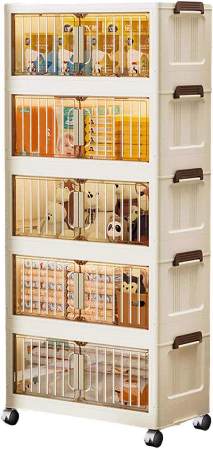 Stackable Storage Containers with Wheels,5 Tier Collapsible Plastic Storage Containers,Large Foldable Storages Drawers and Organization for Kitchen, Office, Home(55 * 24 * 117cm)
