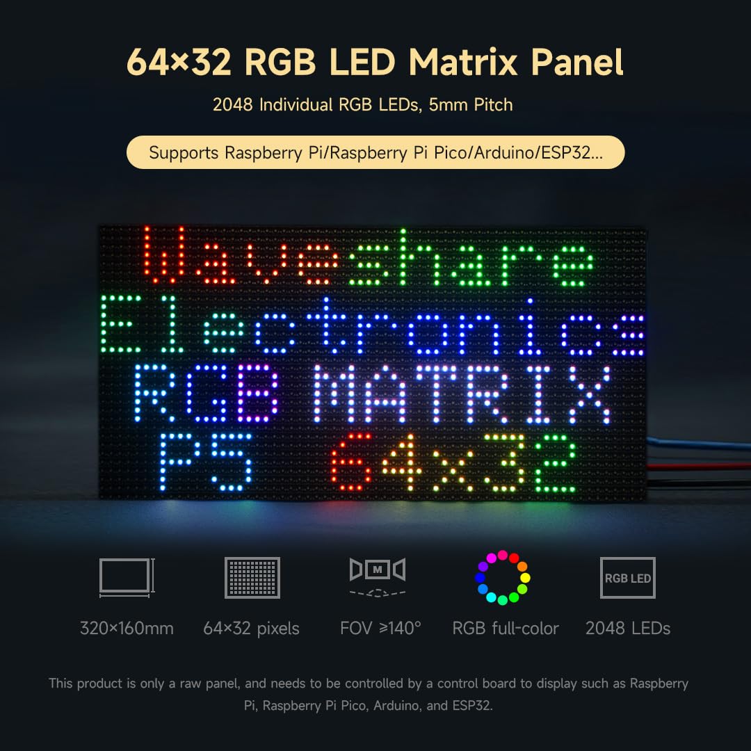Waveshare RGB Full-Color LED Matrix Panel, 5mm Pitch, 64×32 Pixels, Adjustable Brightness