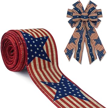 Hying 4th of July Ribbon Patriotic Wired Ribbon for Crafts Gift Wrapping Wreath Bows Stars and Stripes Ribbons for Independence Day Home Party Decoration, 2.4" X 10 Yards