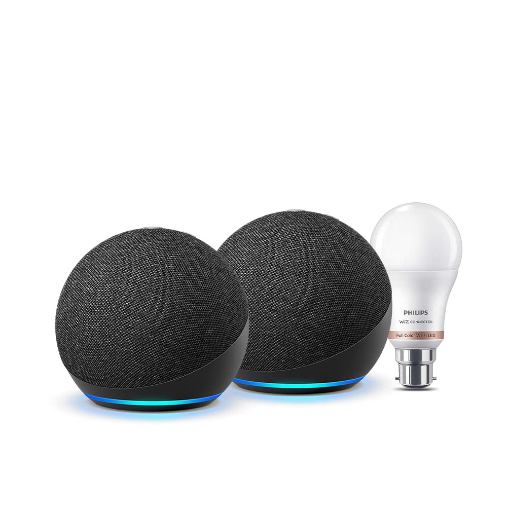 All-new Echo Dot (4th Gen, Black) gift twin pack with Philips 9W LED smart color bulb