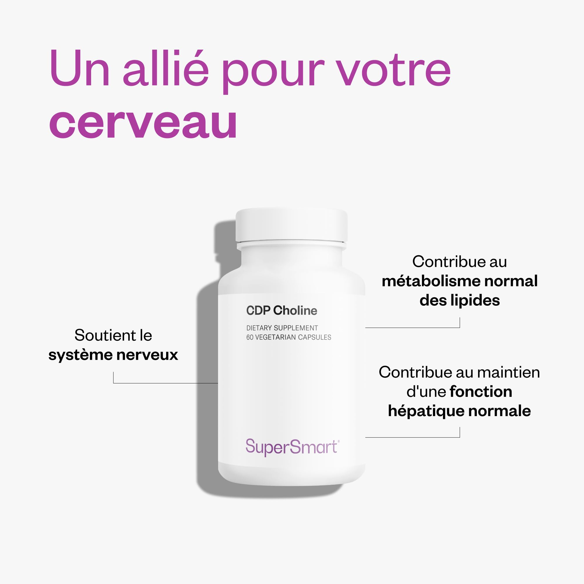 CDP Choline - Aide au Fonctionnement Normal du Système Nerveux - Choline Brevetée - Formule à la Biodisponibilité Optimale - Dosage Puissant - Vegan - SuperSmart