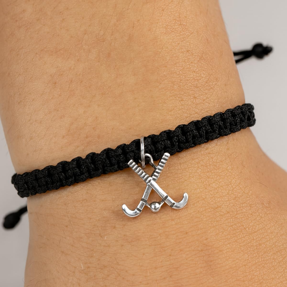 Sportybella Field Hockey Bracelet – Black Adjustable Rope Bracelet with Silver Field Hockey Sticks Charm – Team Jewelry, Gifts for Field Hockey Players & Coaches - Image 2