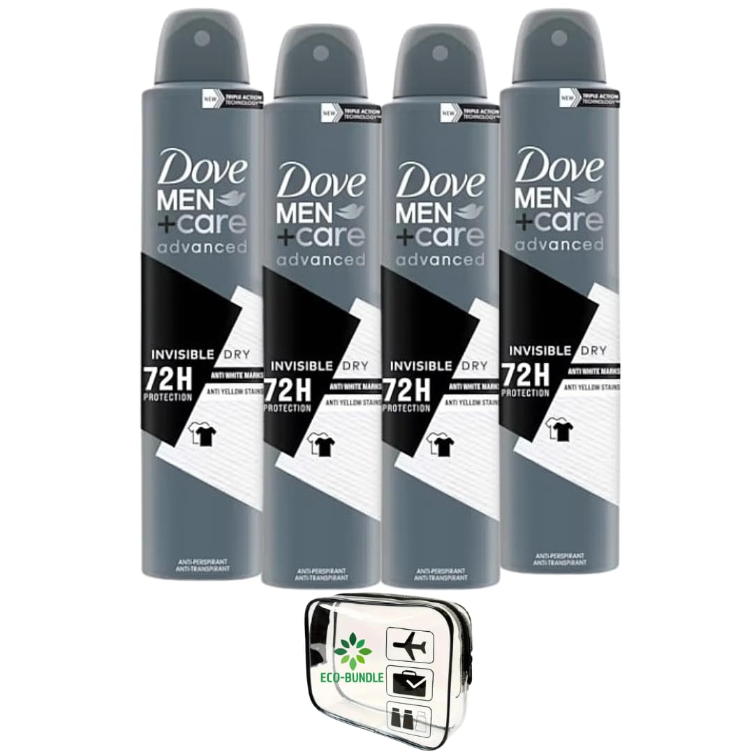 Men+Care Invisible Dry 48hr Protection Antiperspirant, 250ml (Pack of 4) with Eco-Bundle TSA Approved Travel Bag Bundle