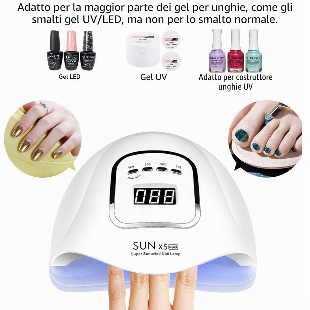 Lampada unghie LED UV da 150 W, lampada UV LED per unghie in gel, con timer 10s/30s/60s/99s, sensore infrarossi, display LCD