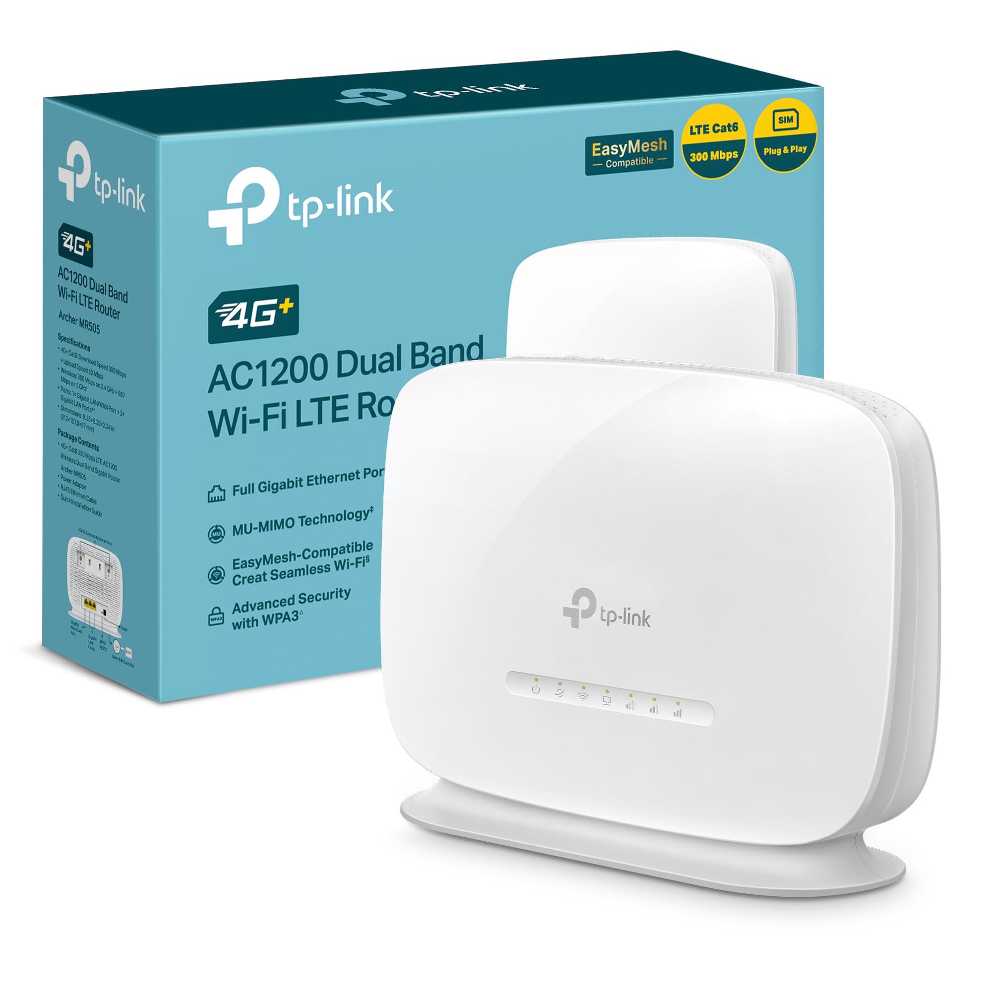 TP-Link TP-Link Archer MR505 - Router 4G+ Cat6 hasta 300Mbps, Wi-Fi Dual Band AC1200, Puerto Gigabit LAN/WAN, Router WiFi con SIM, Tarjeta SIM Plug&Play, Tecnología EasyMesh,Configuración App