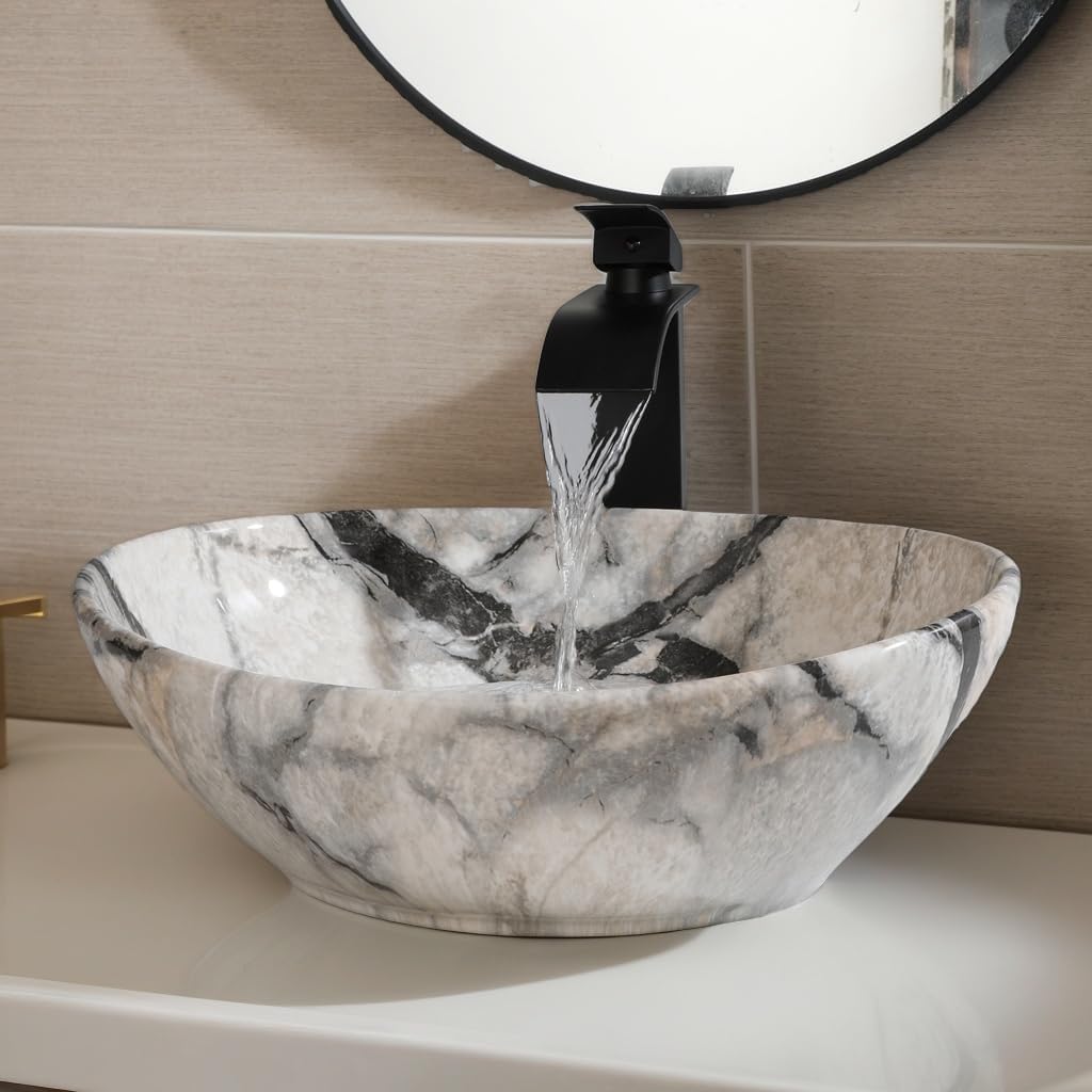 Oval Vessel Sink 16"x13" White Ceramic Bathroom Sink with Waterfall Faucet and Pop-up Drain Bowl Sink White Black Marble Bathroom Sinks Above Counter