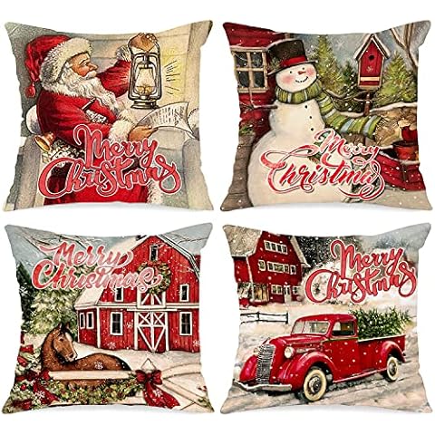 Lanpn Vintage Merry Christmas Cushion Covers 45x45 Set of 4, Decorative Retro Santa Xmas Throw Covers Pillow Cases 18x18 for Home Bedroom Room Holiday Couch Decor Decorations Cover