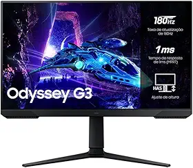 Monitor Gamer Samsung Odyssey G3', 27', 180Hz, 1ms,Ajuste de Altura,Freesync,DP,HDMI,FHD, preto